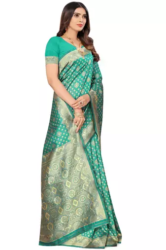 Green kota lichi golden zari ethnic motif banarasi contemporary woven design saree with running blouse piece