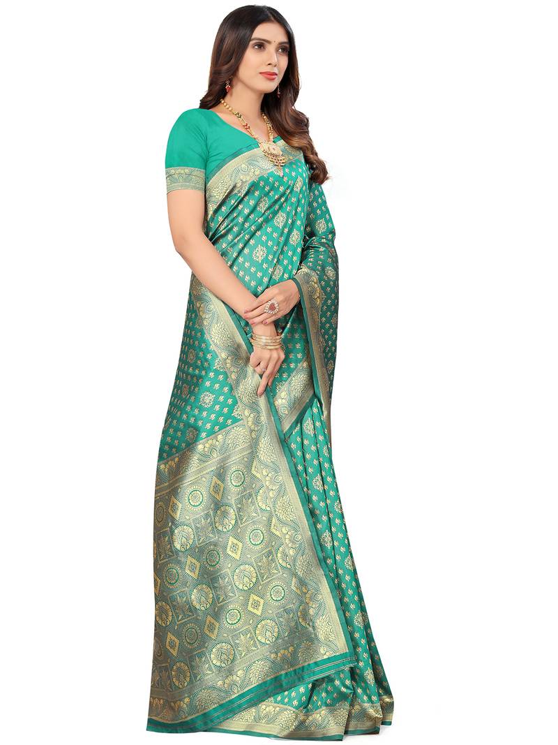 Green kota lichi golden zari ethnic motif banarasi contemporary woven design saree with running blouse piece