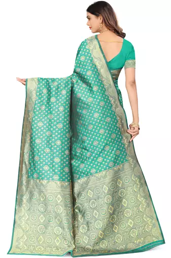 Green kota lichi golden zari ethnic motif banarasi contemporary woven design saree with running blouse piece