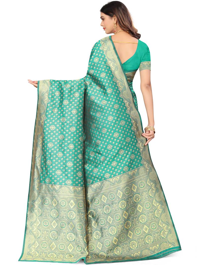 Green kota lichi golden zari ethnic motif banarasi contemporary woven design saree with running blouse piece
