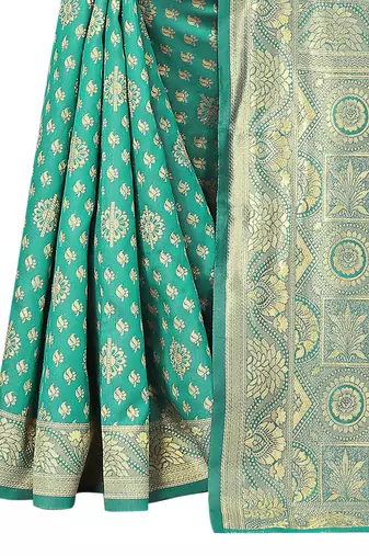 Green kota lichi golden zari ethnic motif banarasi contemporary woven design saree with running blouse piece