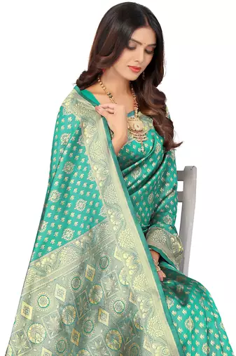 Green kota lichi golden zari ethnic motif banarasi contemporary woven design saree with running blouse piece