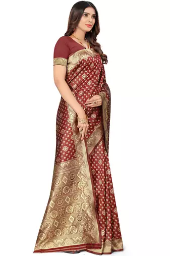 Maroon kota lichi golden zari ethnic motif banarasi contemporary woven design saree with running blouse piece