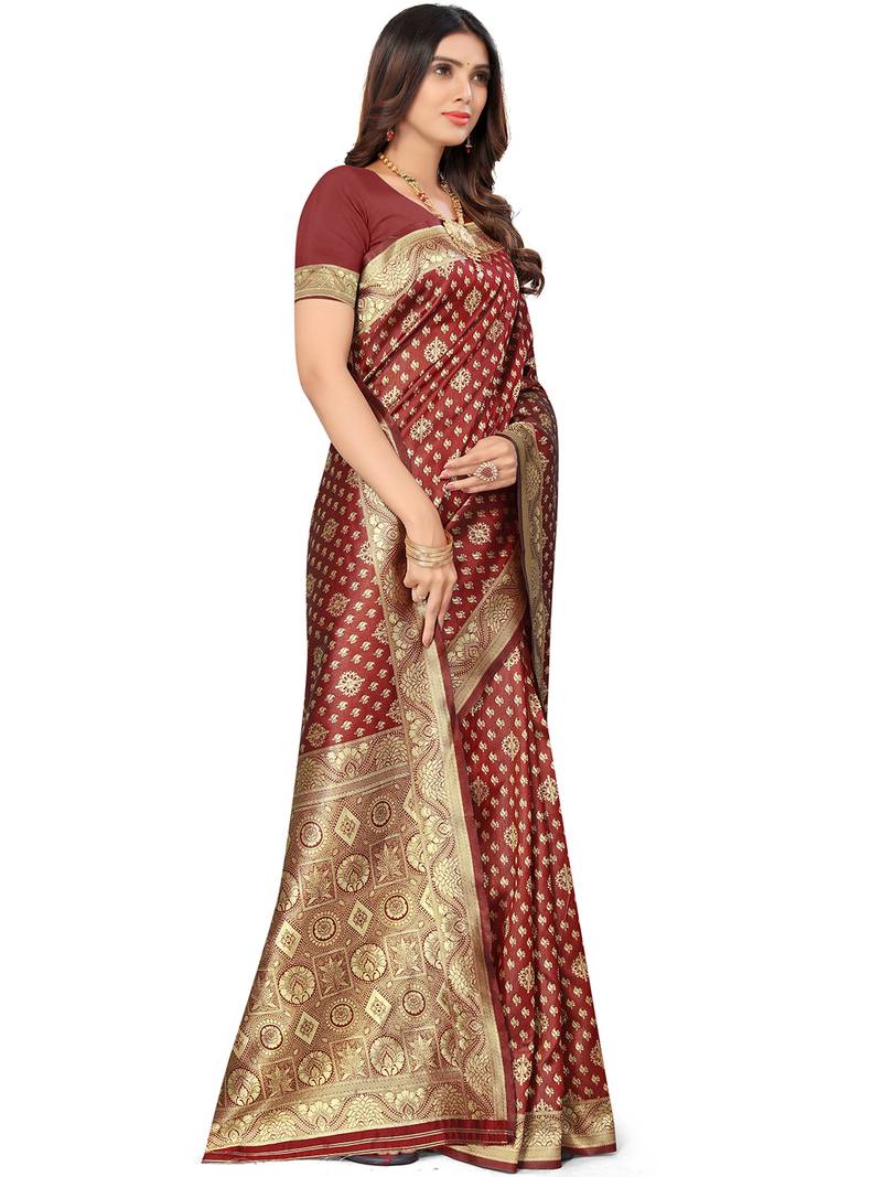 Maroon kota lichi golden zari ethnic motif banarasi contemporary woven design saree with running blouse piece