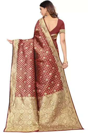 Maroon kota lichi golden zari ethnic motif banarasi contemporary woven design saree with running blouse piece