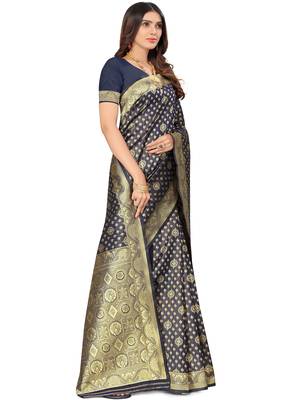 Navy blue kota lichi golden zari ethnic motif banarasi contemporary woven design saree with running blouse piece 2