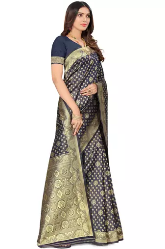 Navy blue kota lichi golden zari ethnic motif banarasi contemporary woven design saree with running blouse piece