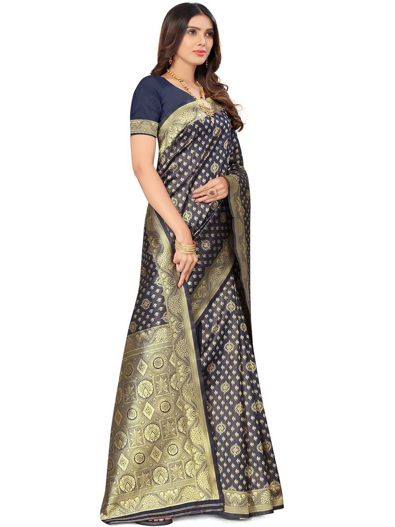 Navy blue kota lichi golden zari ethnic motif banarasi contemporary woven design saree with running blouse piece