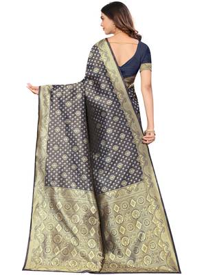 Navy blue kota lichi golden zari ethnic motif banarasi contemporary woven design saree with running blouse piece 3