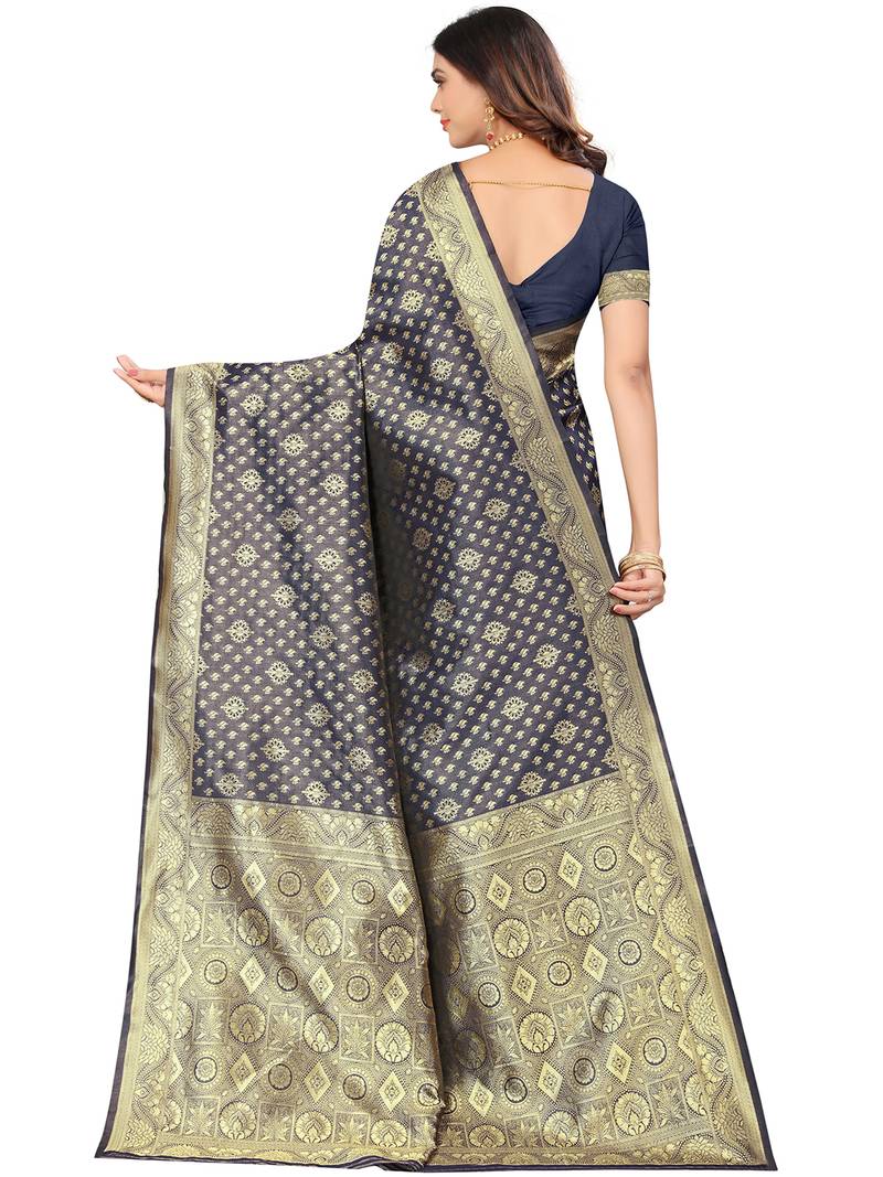 Navy blue kota lichi golden zari ethnic motif banarasi contemporary woven design saree with running blouse piece