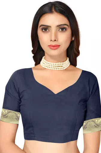 Navy blue kota lichi golden zari ethnic motif banarasi contemporary woven design saree with running blouse piece