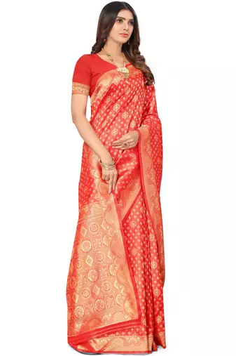 Red kota lichi golden zari ethnic motif banarasi contemporary woven design saree with running blouse piece