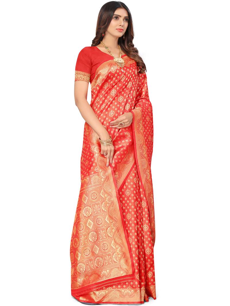 Red kota lichi golden zari ethnic motif banarasi contemporary woven design saree with running blouse piece