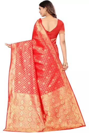 Red kota lichi golden zari ethnic motif banarasi contemporary woven design saree with running blouse piece