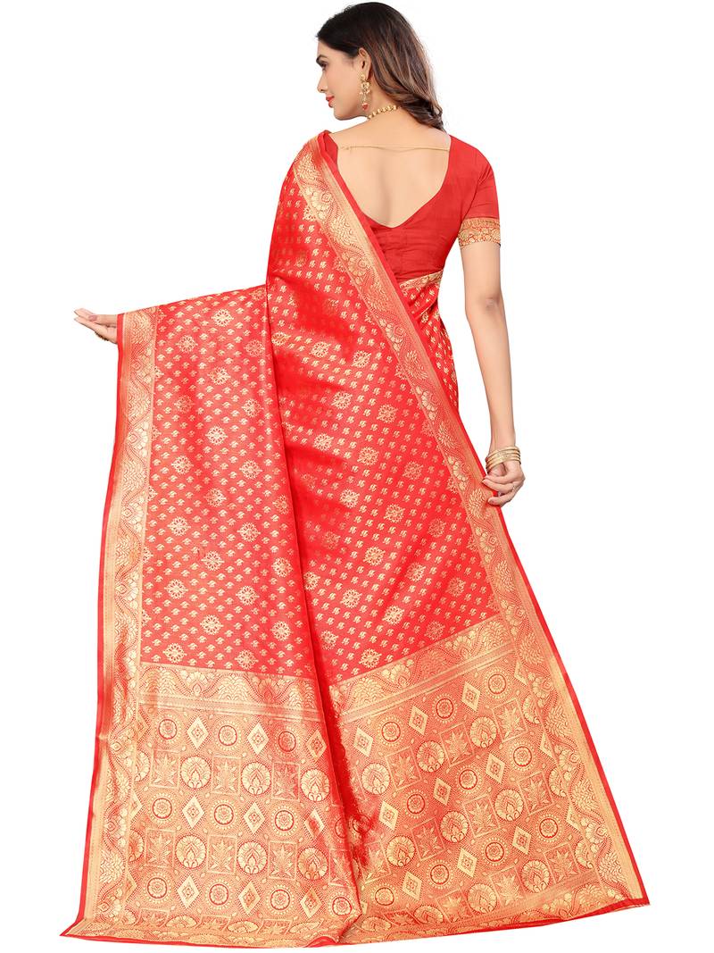 Red kota lichi golden zari ethnic motif banarasi contemporary woven design saree with running blouse piece