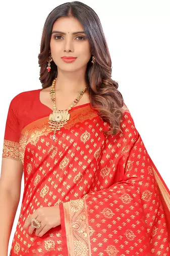 Red kota lichi golden zari ethnic motif banarasi contemporary woven design saree with running blouse piece