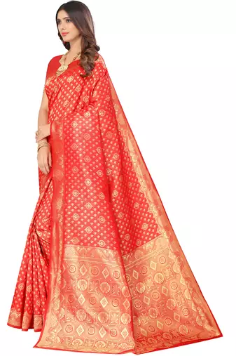 Red kota lichi golden zari ethnic motif banarasi contemporary woven design saree with running blouse piece