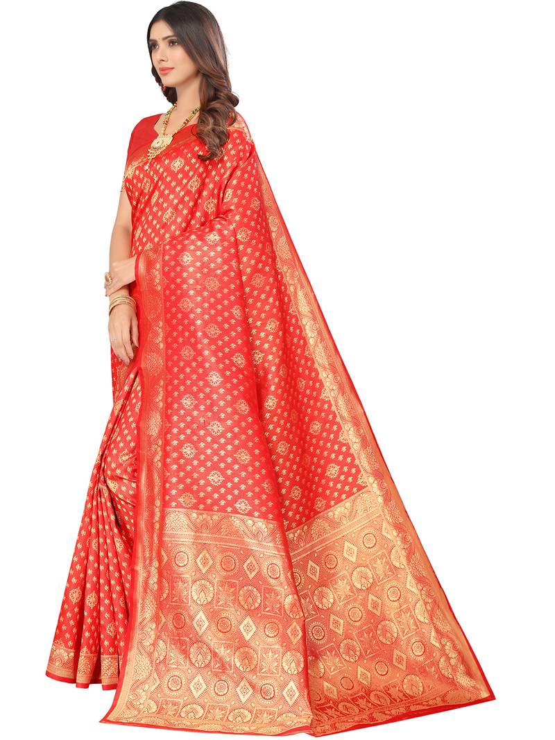 Red kota lichi golden zari ethnic motif banarasi contemporary woven design saree with running blouse piece