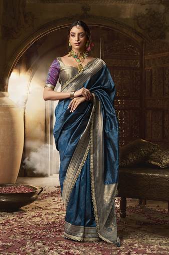Teal designer weaving soft banarasi silk saree with designer blouse