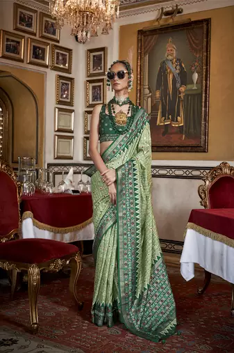 Silk Blend light green with dark green border printed classic saree