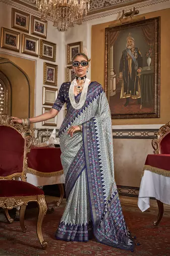 Silk Blend light grey with navy blue border printed classic saree