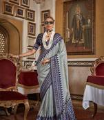 Silk Blend light grey with navy blue border printed classic saree