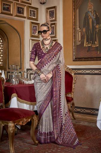 Silk grey with wine border printed classic saree