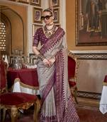Silk grey with wine border printed classic saree