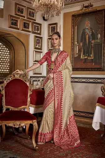 Silk Blend cream with red border printed classic saree