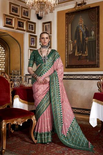 Silk light pink with green border printed classic saree