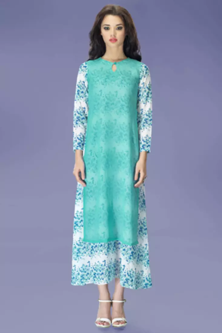 White and Aqua Georgette Printed Tunic