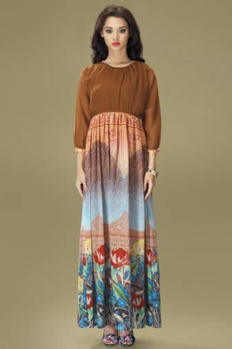 Brown and Multi Colour Georgette Chiffon Gown Style Tunic