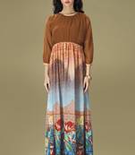 Brown and Multi Colour Georgette Chiffon Gown Style Tunic