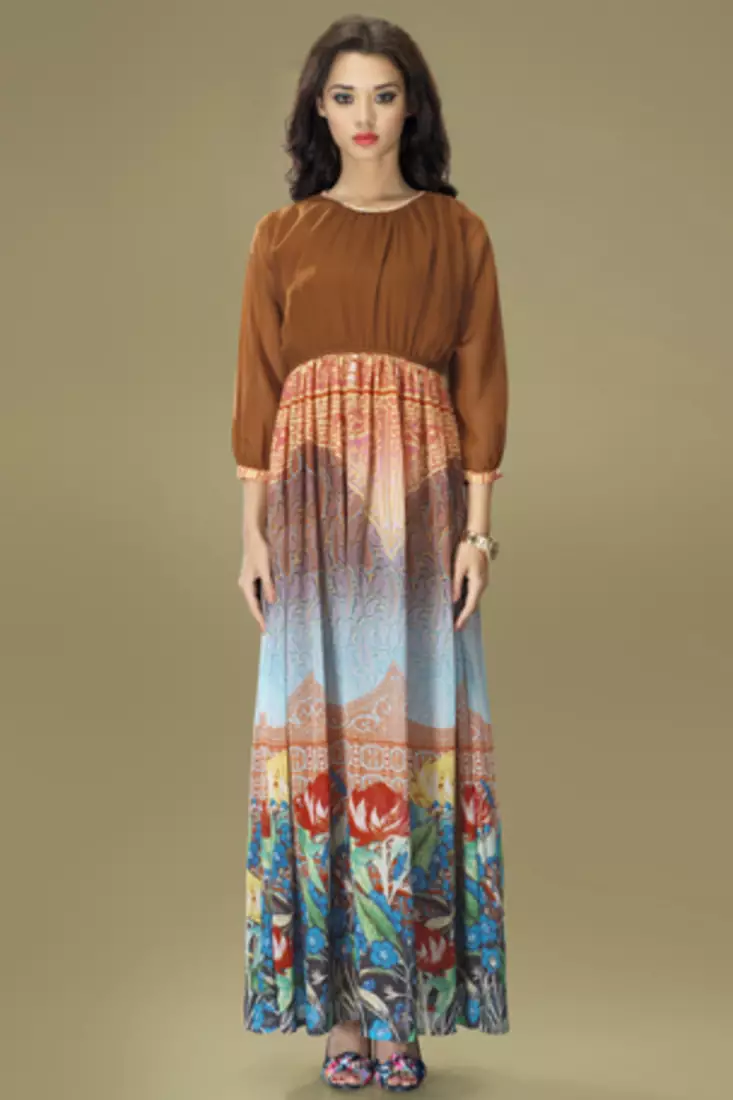 Brown and Multi Colour Georgette Chiffon Gown Style Tunic