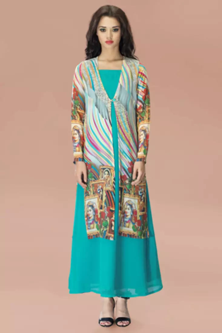 Aqua Georgette Tunic with Multi Colour Chiffon Jacket