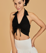Urban sundari women's solid cotton rib halter neck crop top with front ruched detail