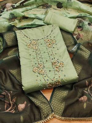 Green Roman silk blend Hand Work Unstitched Dress Material 1