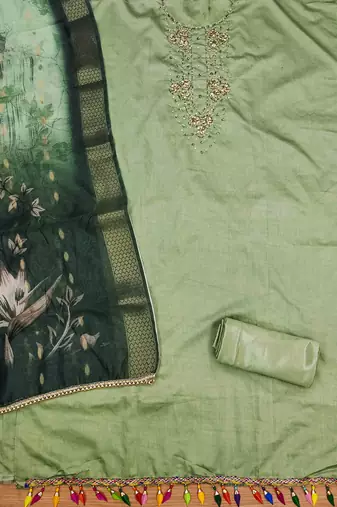 Green Roman silk blend Hand Work Unstitched Dress Material