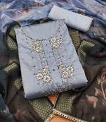 Grey Roman silk blend Hand Work Unstitched Dress Material