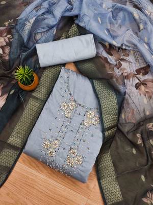 Grey Roman silk blend Hand Work Unstitched Dress Material 2