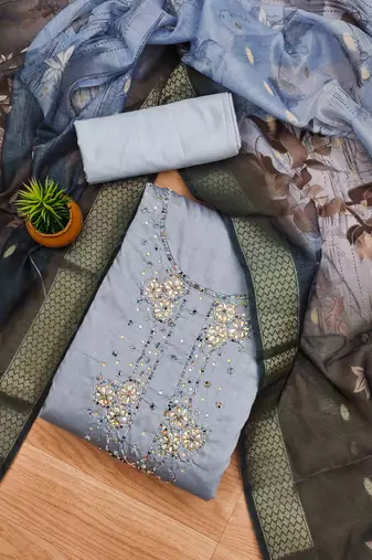 Grey Roman silk blend Hand Work Unstitched Dress Material