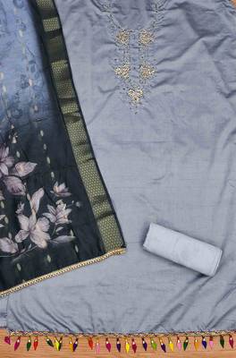Grey Roman silk blend Hand Work Unstitched Dress Material 3