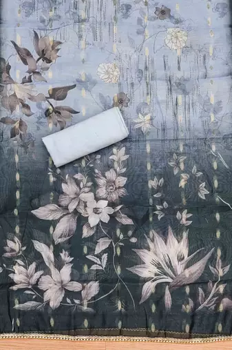 Grey Roman silk blend Hand Work Unstitched Dress Material