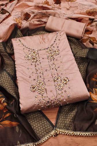 Peach Roman silk blend Hand Work Unstitched Dress Material