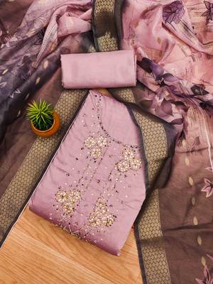 Pink Roman silk blend Hand Work Unstitched Dress Material 2