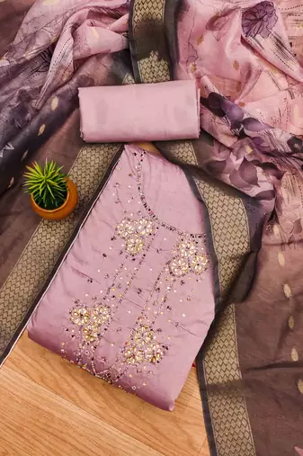 Pink Roman silk blend Hand Work Unstitched Dress Material