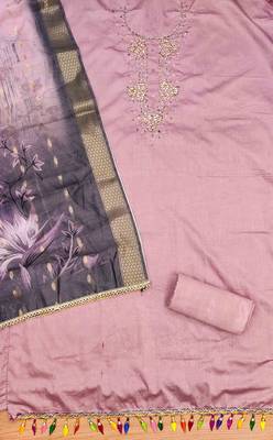 Pink Roman silk blend Hand Work Unstitched Dress Material 3