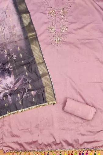 Pink Roman silk blend Hand Work Unstitched Dress Material