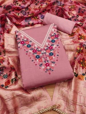 Peach Roman silk blend Embroidered Unstitched Dress Material 1