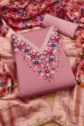 Peach Roman silk blend Embroidered Unstitched Dress Material